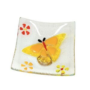 Fused Glass Yellow Butterfly & Flowers Trinket Dish 4" Square Dynasty Gallery